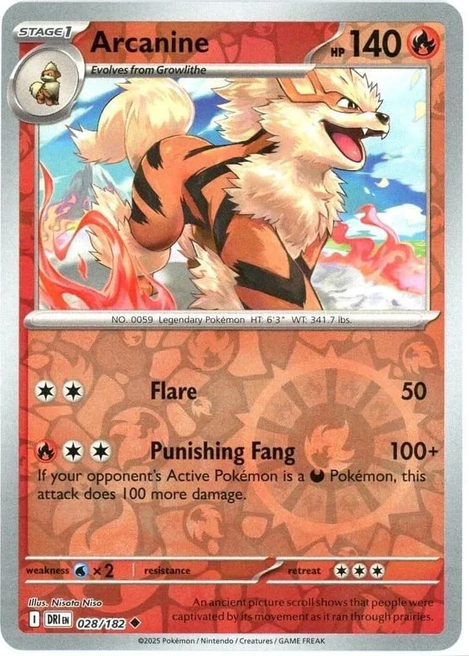 Arcanine reverse holo card front, Destined Rivals 28/182