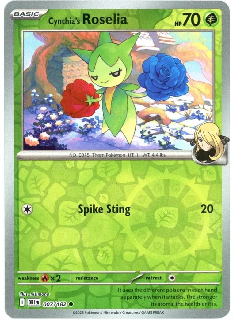 Cynthia's Roselia reverse holo card front, Destined Rivals 7/182
