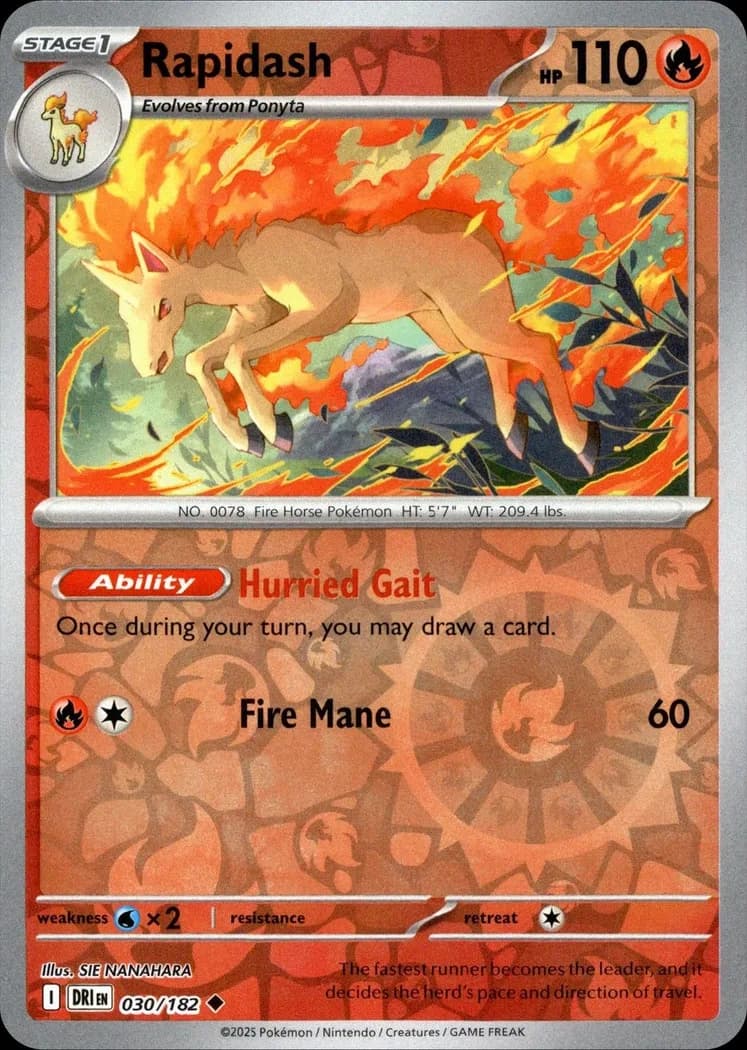Rapidash reverse holo card front, Destined Rivals 30/182