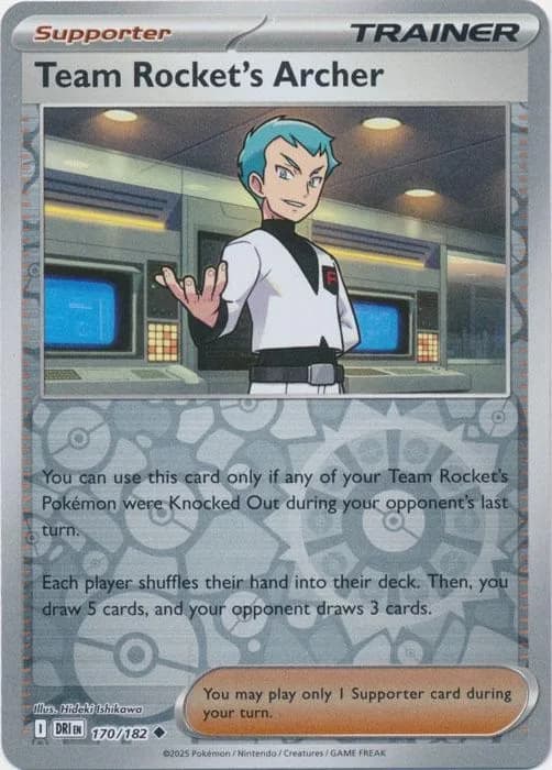 Team Rocket's Archer reverse holo card front, Destined Rivals 170/182