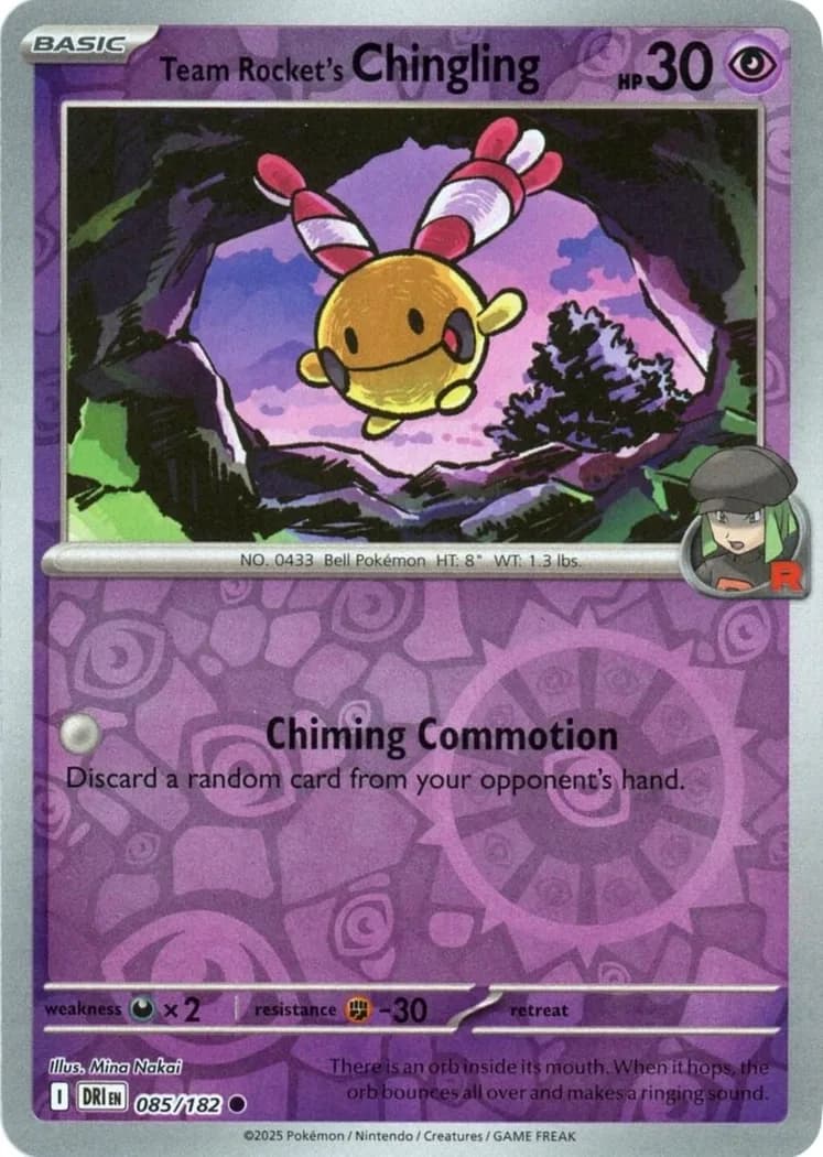 Team Rocket's Chingling reverse holo card front, Destined Rivals 85/182