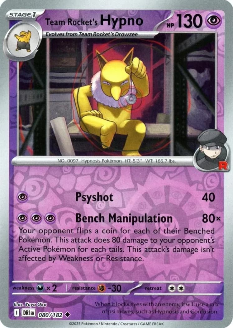 Team Rocket's Hypno reverse holo card front, Destined Rivals 80/182