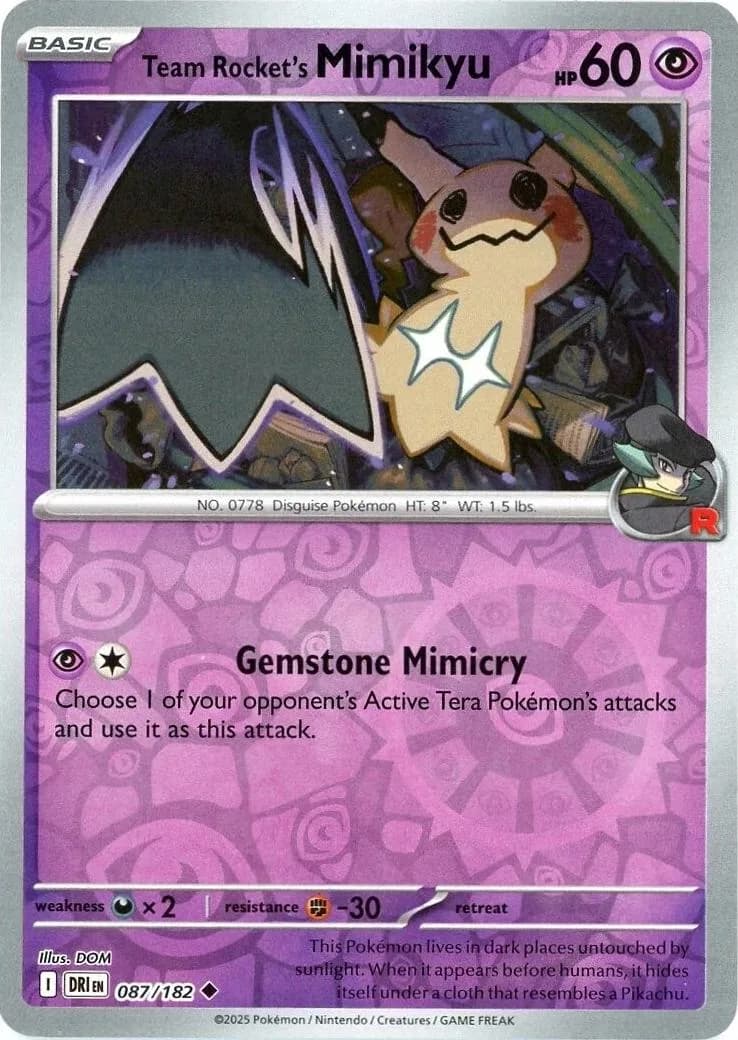 Team Rocket's Mimikyu reverse holo card front, Destined Rivals 87/182