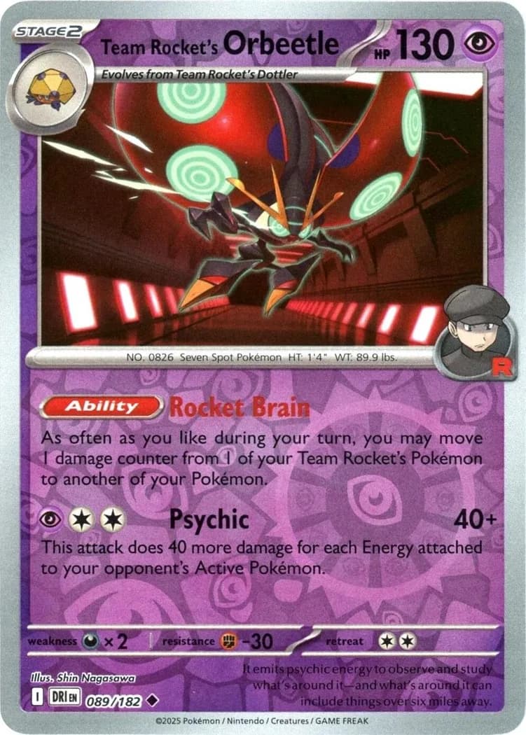 Team Rocket's Orbeetle reverse holo card front, Destined Rivals 89/182