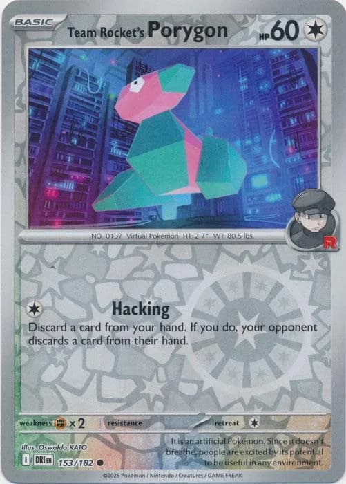 Team Rocket's Porygon reverse holo card front, Destined Rivals 153/182