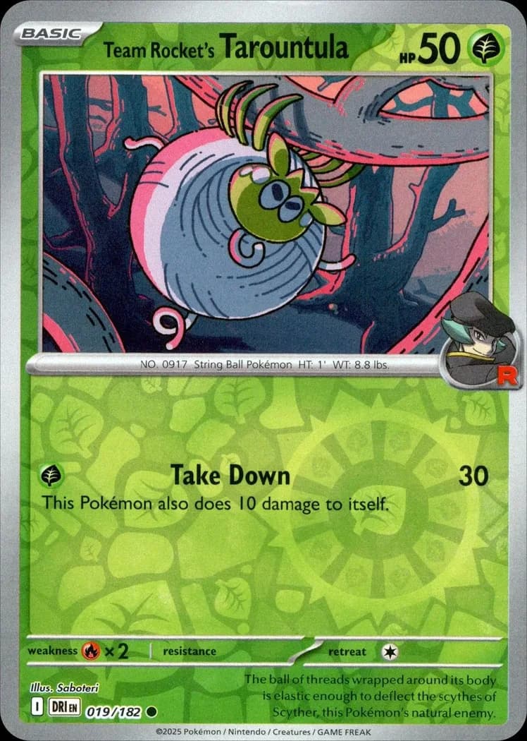 Team Rocket's Tarountula reverse holo card front, Destined Rivals 19/182