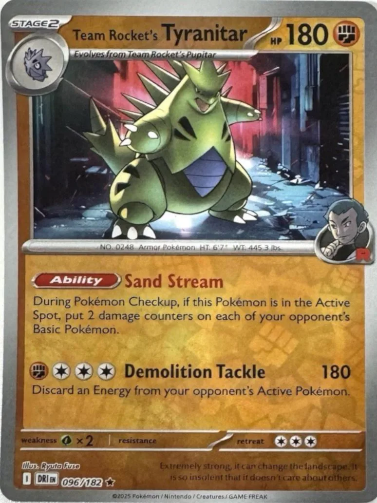 Team Rocket's Tyranitar reverse holo card front, Destined Rivals 96/182