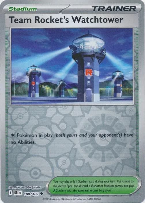Team Rocket's Watchtower reverse holo card front, Destined Rivals 180/182
