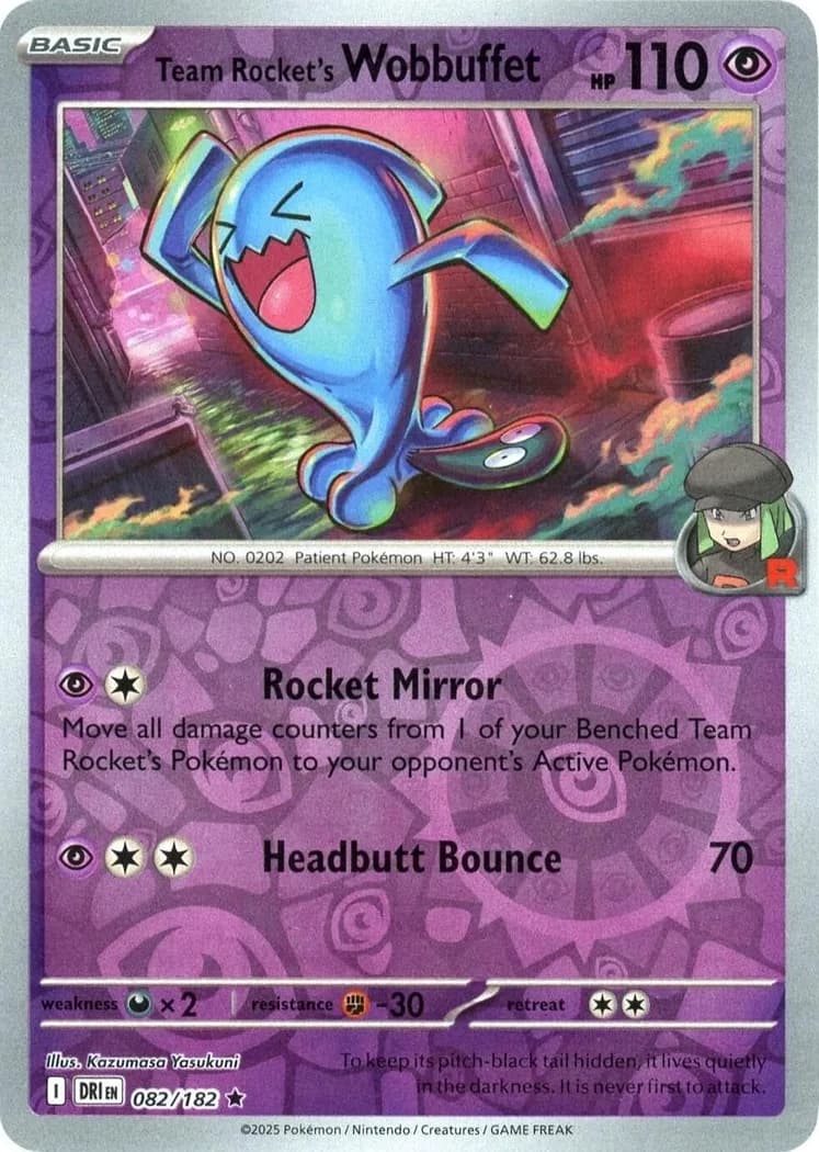 Team Rocket's Wobbuffet reverse holo card front, Destined Rivals 82/182