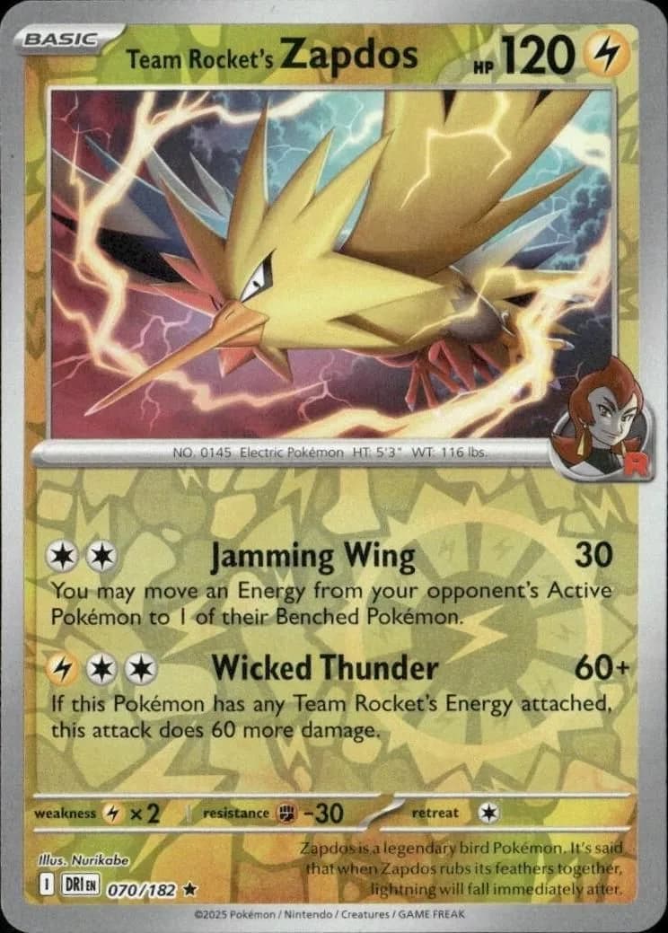 Team Rocket's Zapdos reverse holo card front, Destined Rivals 70/182