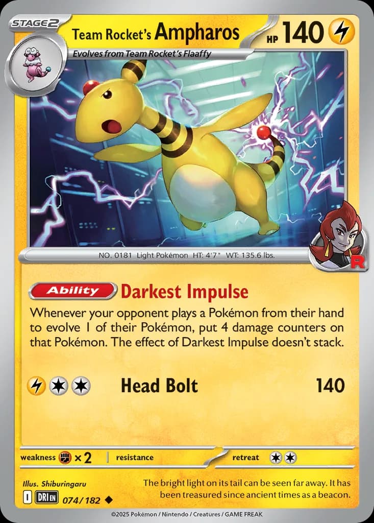 Team Rocket's Ampharos card front, Destined Rivals 74/182