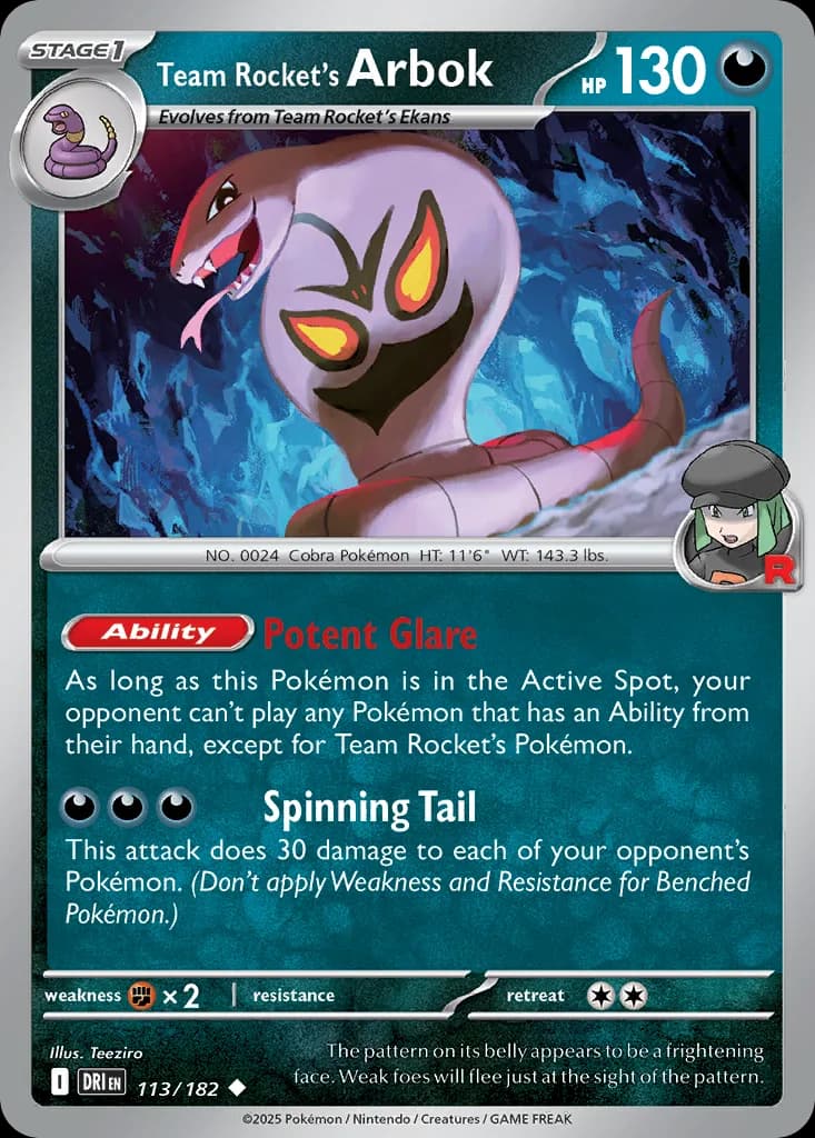Destined Rivals Team Rocket's Arbok card front, 113/182