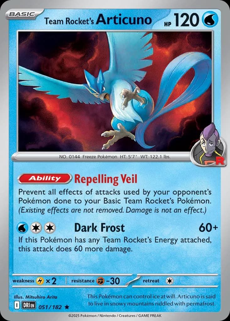 Team Rocket's Articuno card front, Destined Rivals 51/182