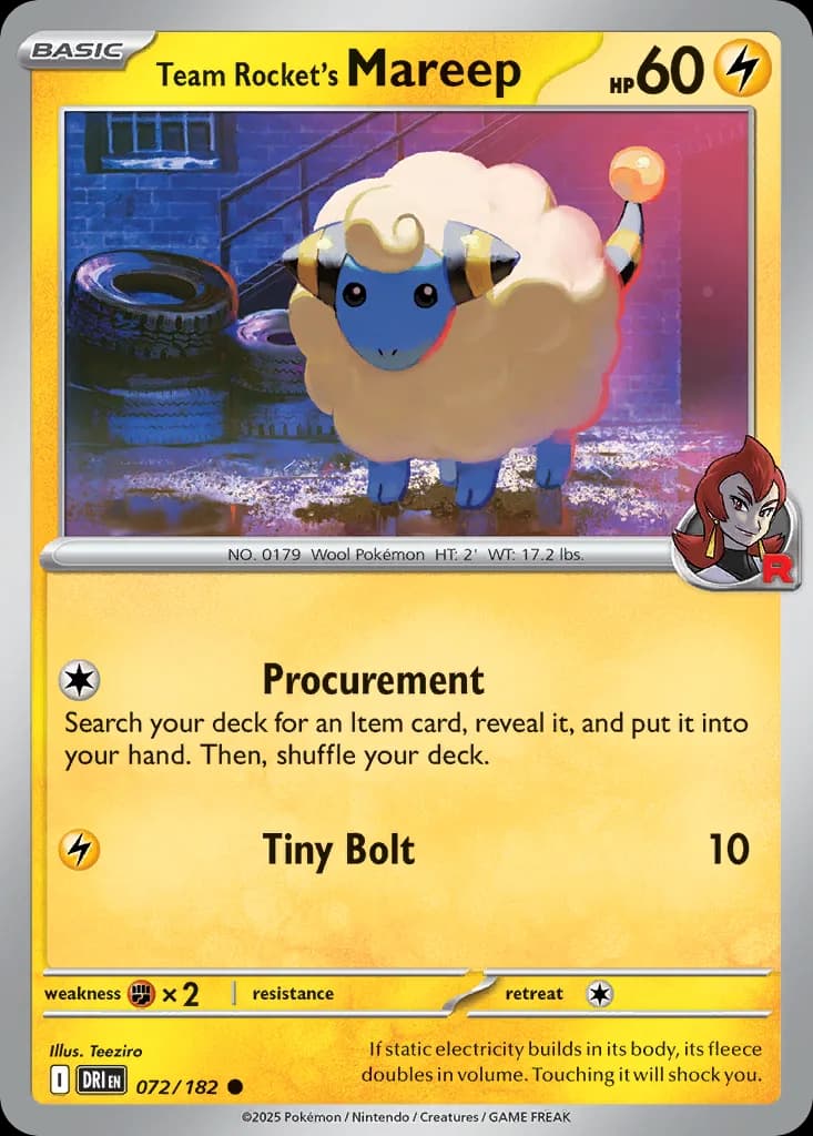 Destined Rivals Team Rocket's Mareep card front, 72/182