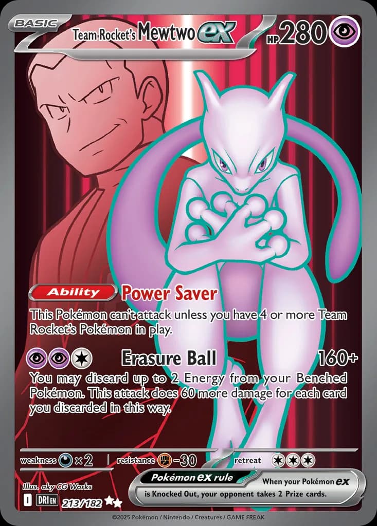 Team Rocket's Mewtwo ex card front, Destined Rivals 213/182
