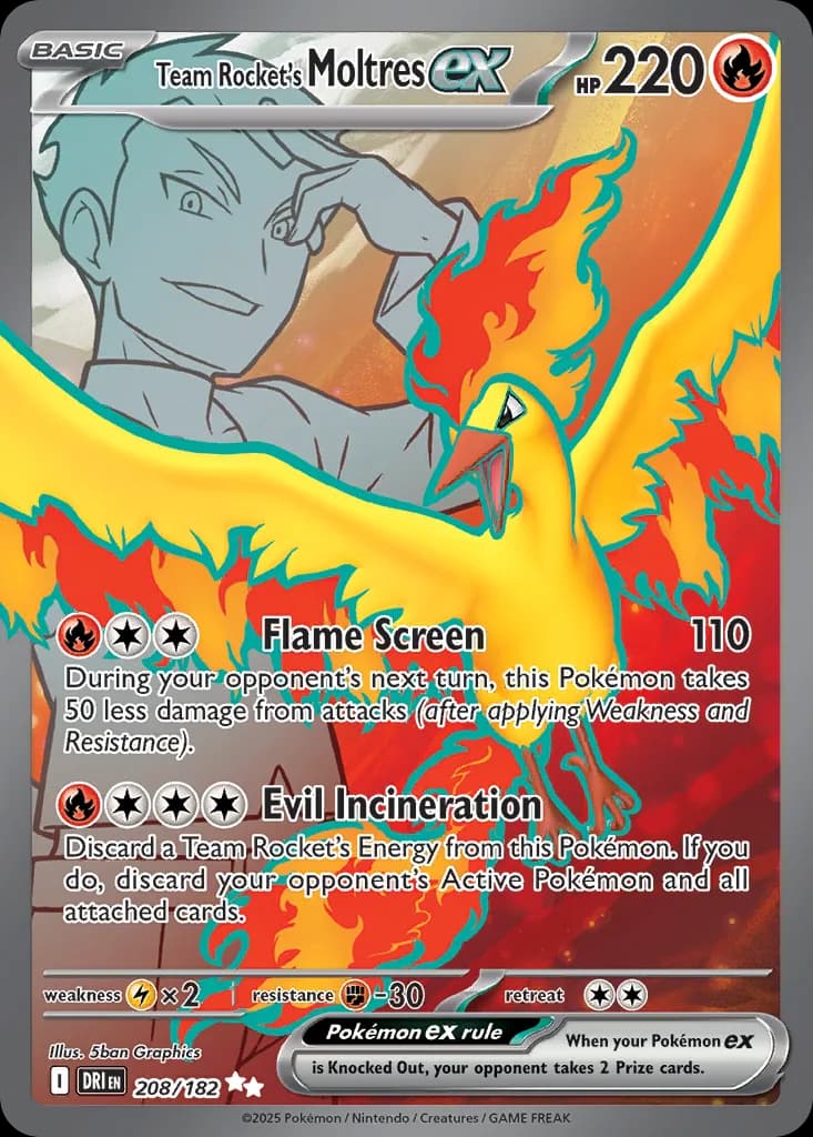 Destined Rivals Team Rocket's Moltres ex card front, 208/182