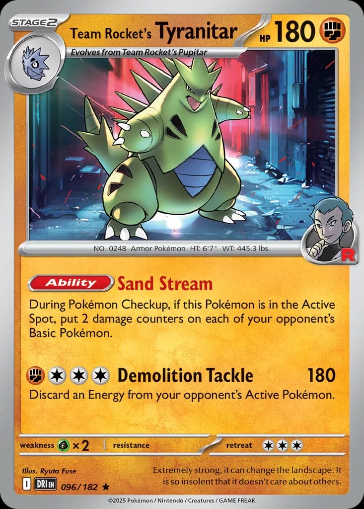 Team Rocket's Tyranitar card front, Destined Rivals 96/182