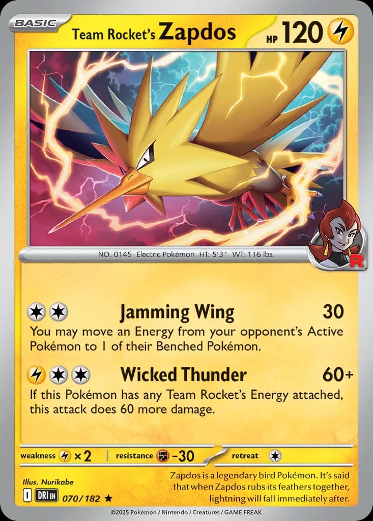 Destined Rivals Team Rocket's Zapdos card front, 70/182
