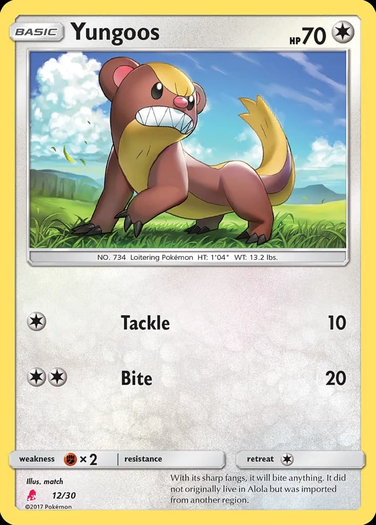 Yungoos, SM trainer Kit (Lycanroc) 12/30, English card reference; edition and finish may differ