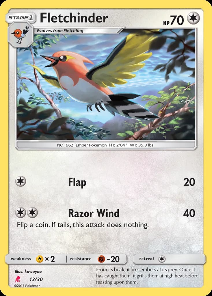 Fletchinder, SM trainer Kit (Lycanroc) 13/30, English card reference; edition and finish may differ
