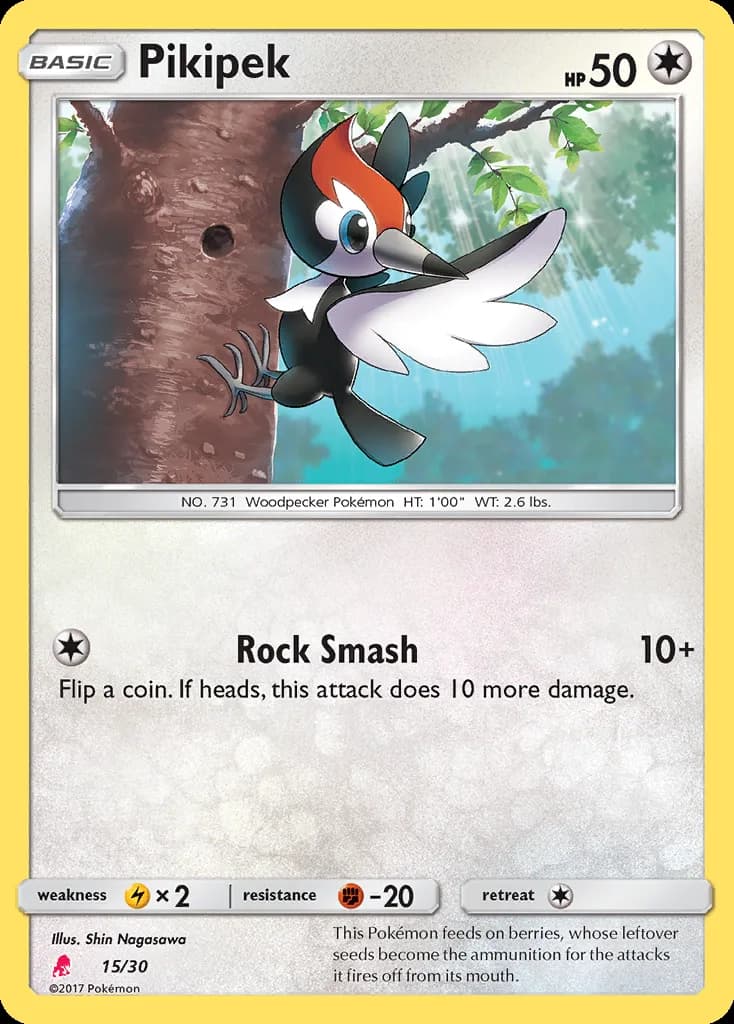 Pikipek, SM trainer Kit (Lycanroc) 15/30, English card reference; edition and finish may differ