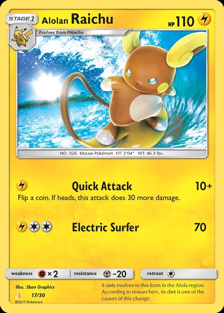 Alolan Raichu, SM trainer Kit (Alolan Raichu) 17/30, English card reference; edition and finish may differ
