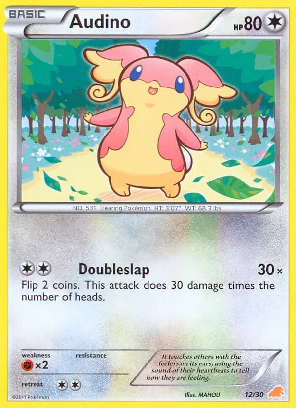 Audino, BW trainer Kit (Excadrill) 12/30, English card reference; edition and finish may differ