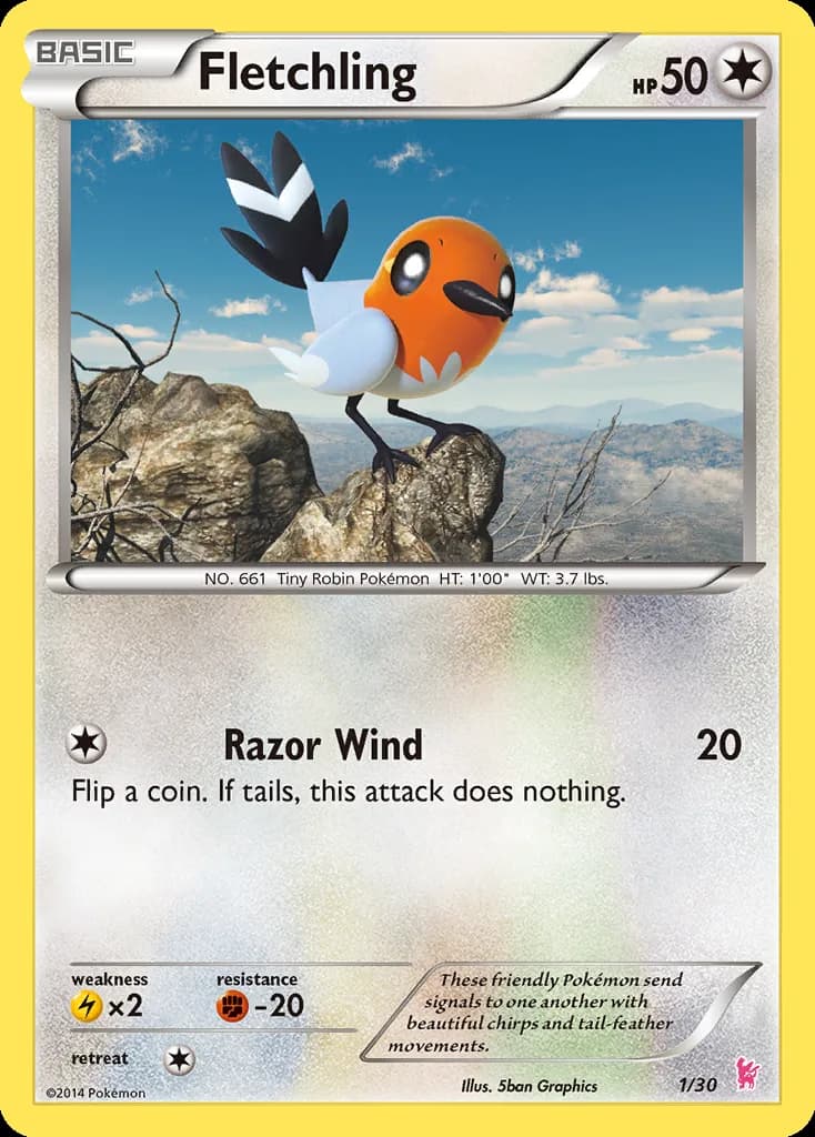 Fletchling, XY trainer Kit (Sylveon) 1/30, English card reference; edition and finish may differ
