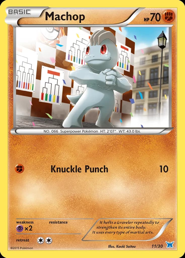 Machop, XY trainer Kit (Latios) 11/30, English card reference; edition and finish may differ