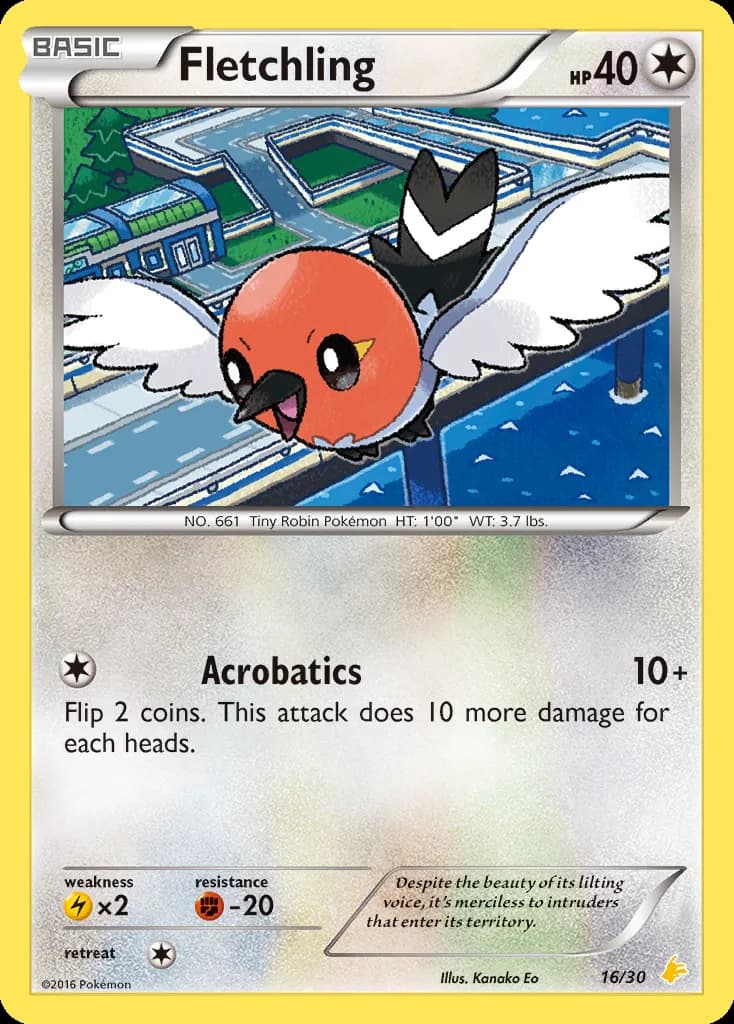 Fletchling, XY trainer Kit (Pikachu Libre) 16/30, English card reference; edition and finish may differ