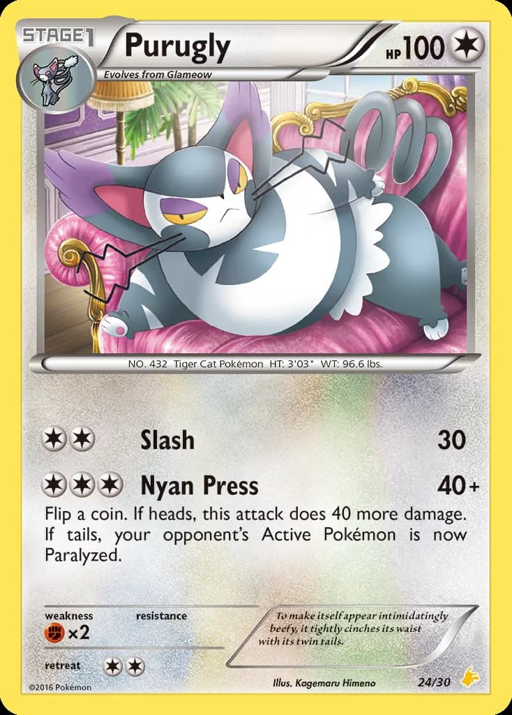 Purugly, XY trainer Kit (Pikachu Libre) 24/30, English card reference; edition and finish may differ