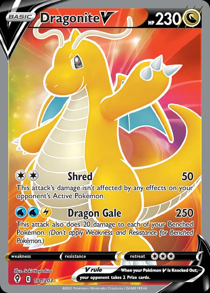 Dragonite V card front, Evolving Skies 191/203