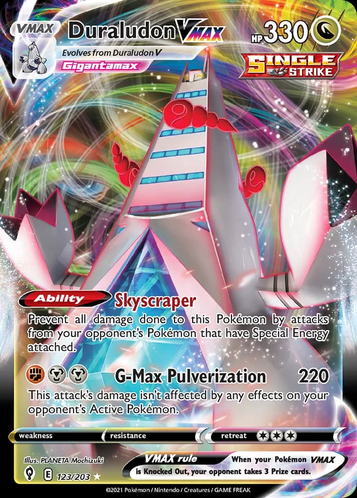 Evolving Skies Duraludon VMAX card front, 123/203