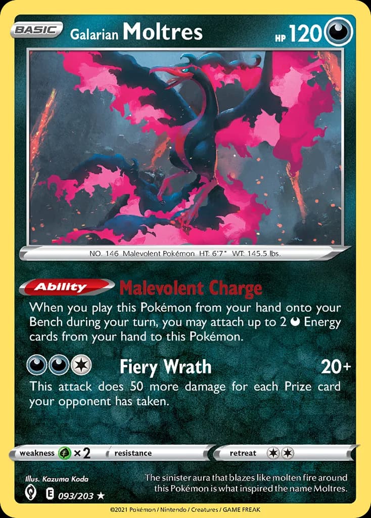 Evolving Skies Galarian Moltres card front, 93/203