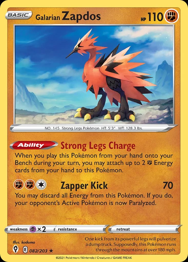 Evolving Skies Galarian Zapdos card front, 82/203