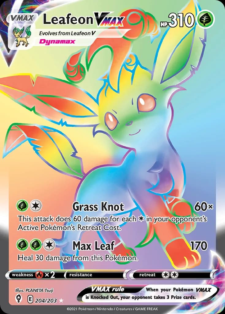 Leafeon VMAX card front, Evolving Skies 204/203
