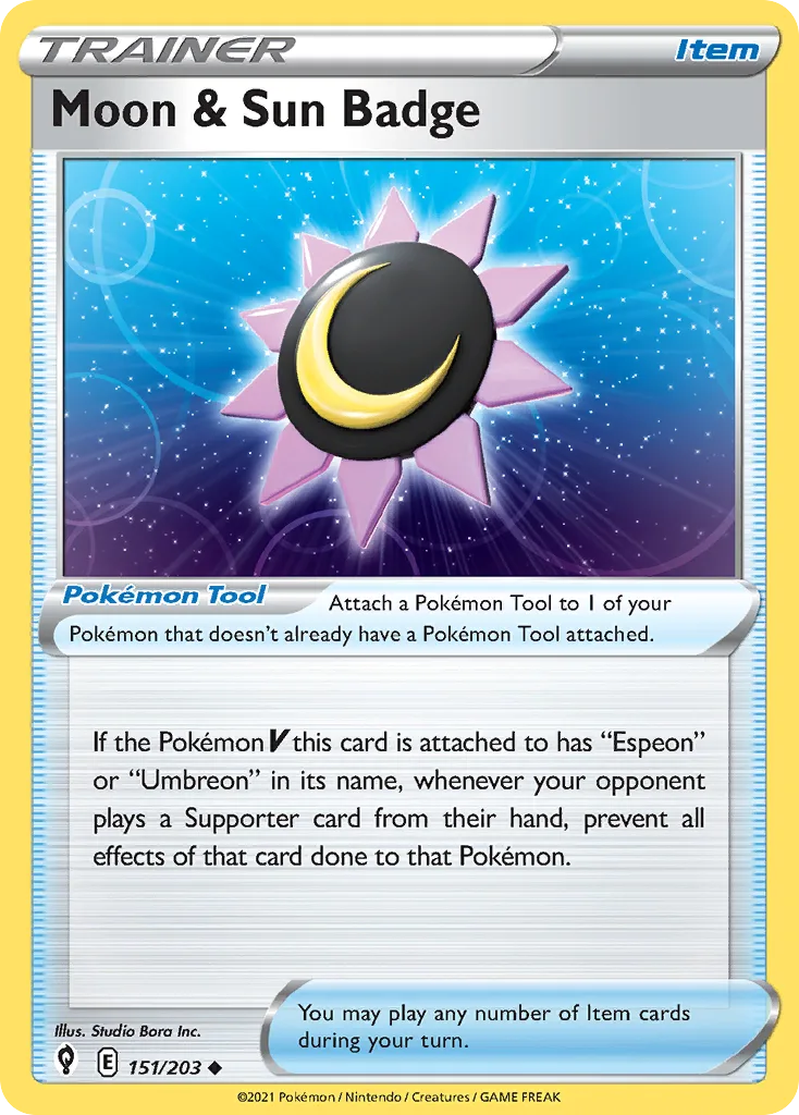 Evolving Skies Moon & Sun Badge card front, 151/203