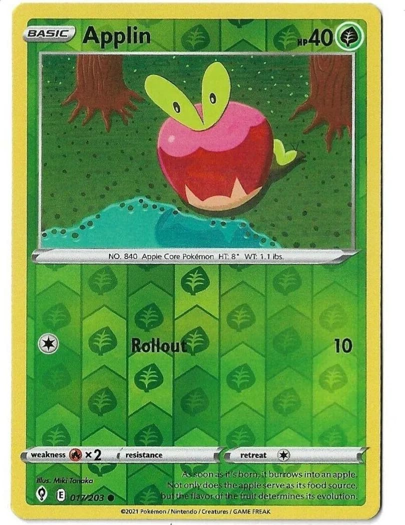 Applin reverse holo card front, Evolving Skies 17/203