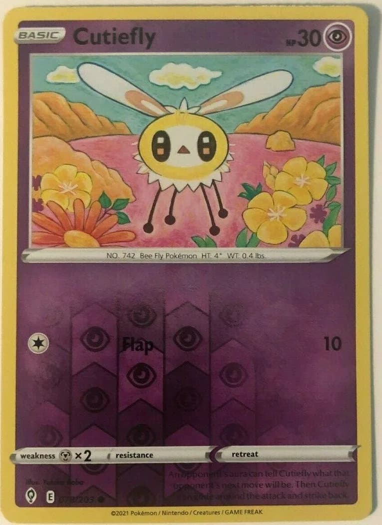 Cutiefly reverse holo card front, Evolving Skies 78/203