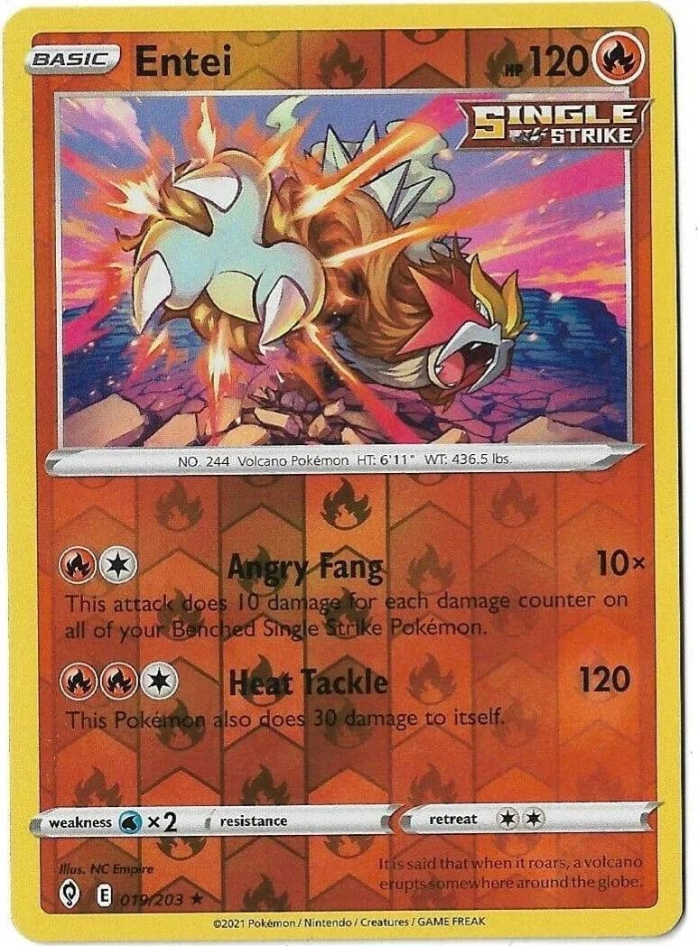 Entei reverse holo card front, Evolving Skies 19/203