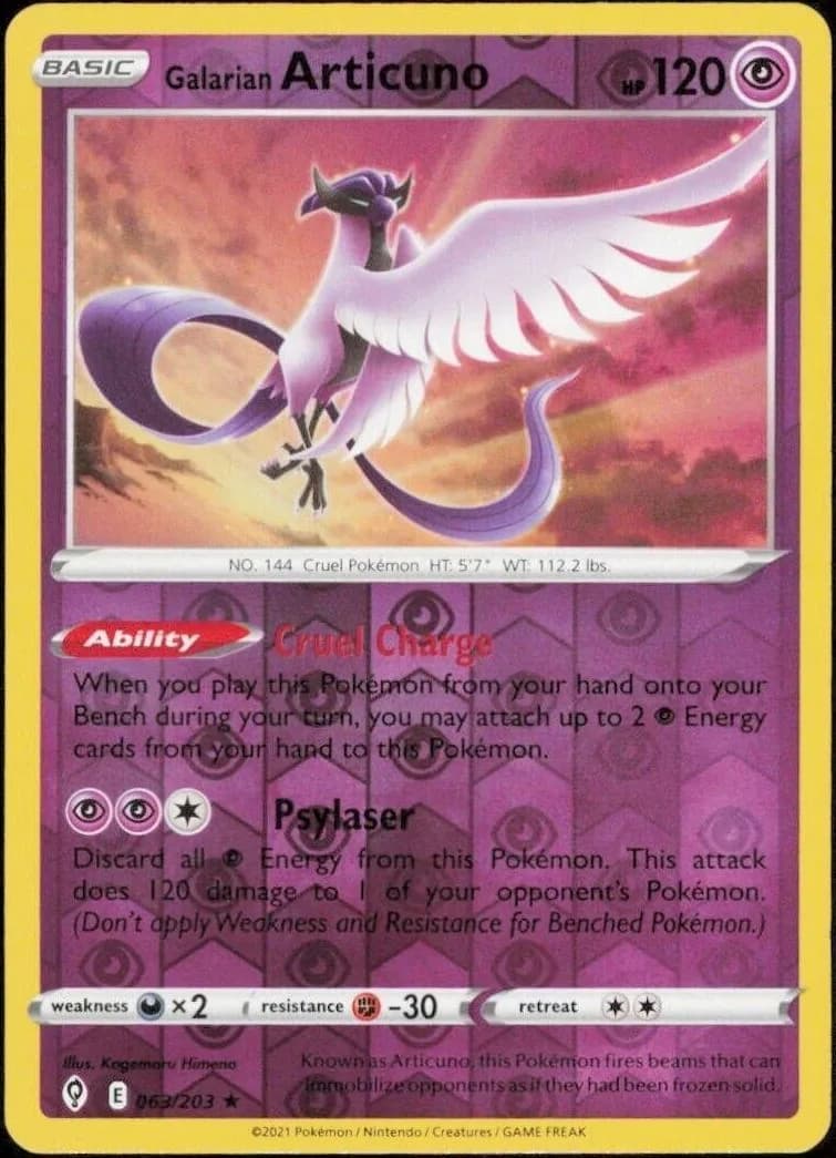 Galarian Articuno reverse holo card front, Evolving Skies 63/203