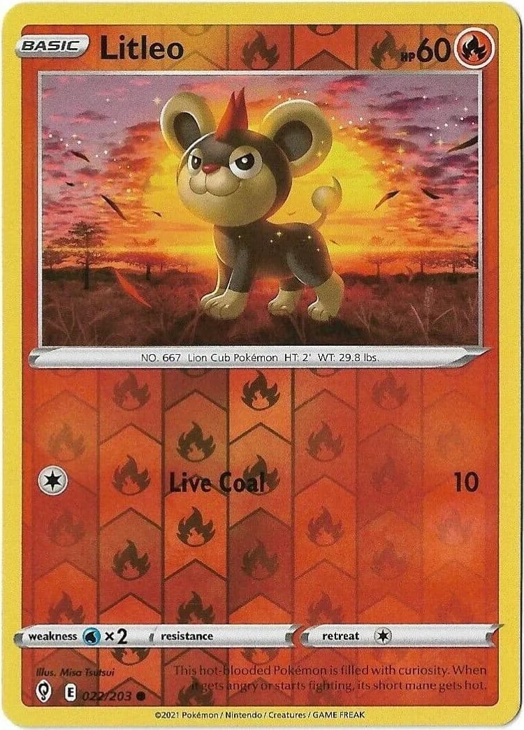 Litleo reverse holo card front, Evolving Skies 22/203