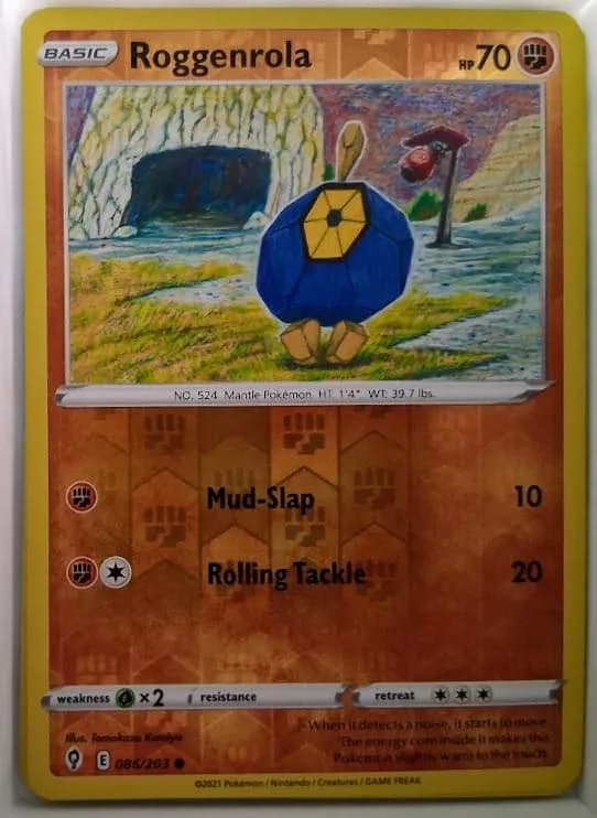 Roggenrola reverse holo card front, Evolving Skies 86/203