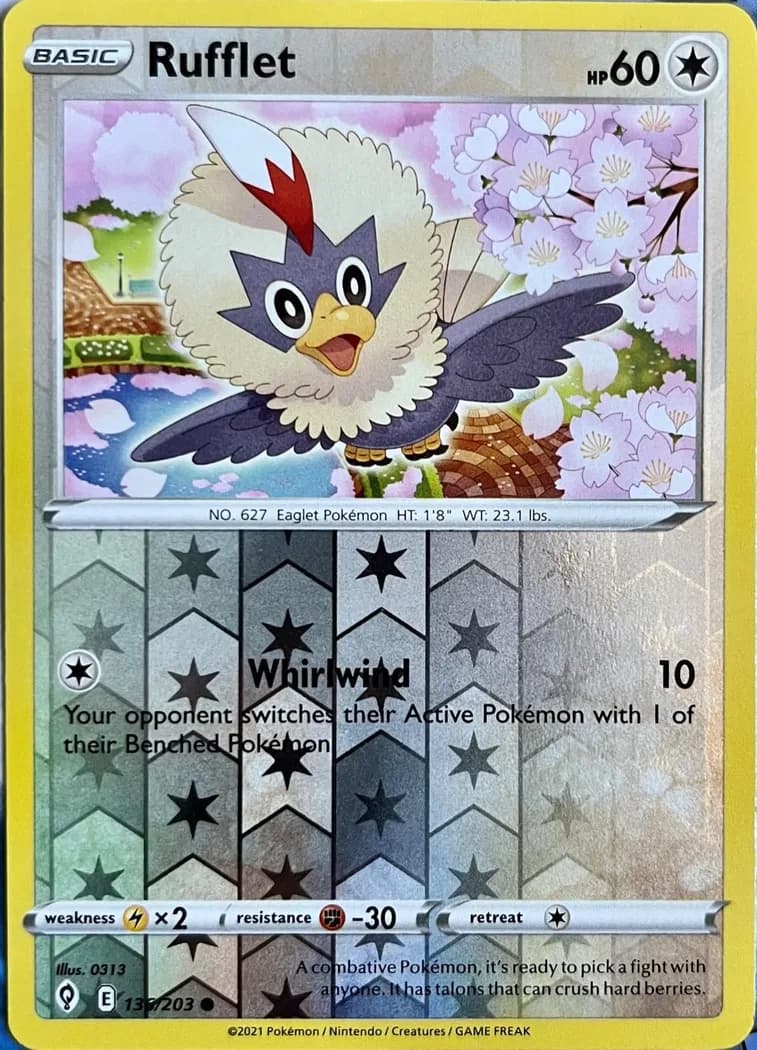 Rufflet reverse holo card front, Evolving Skies 136/203