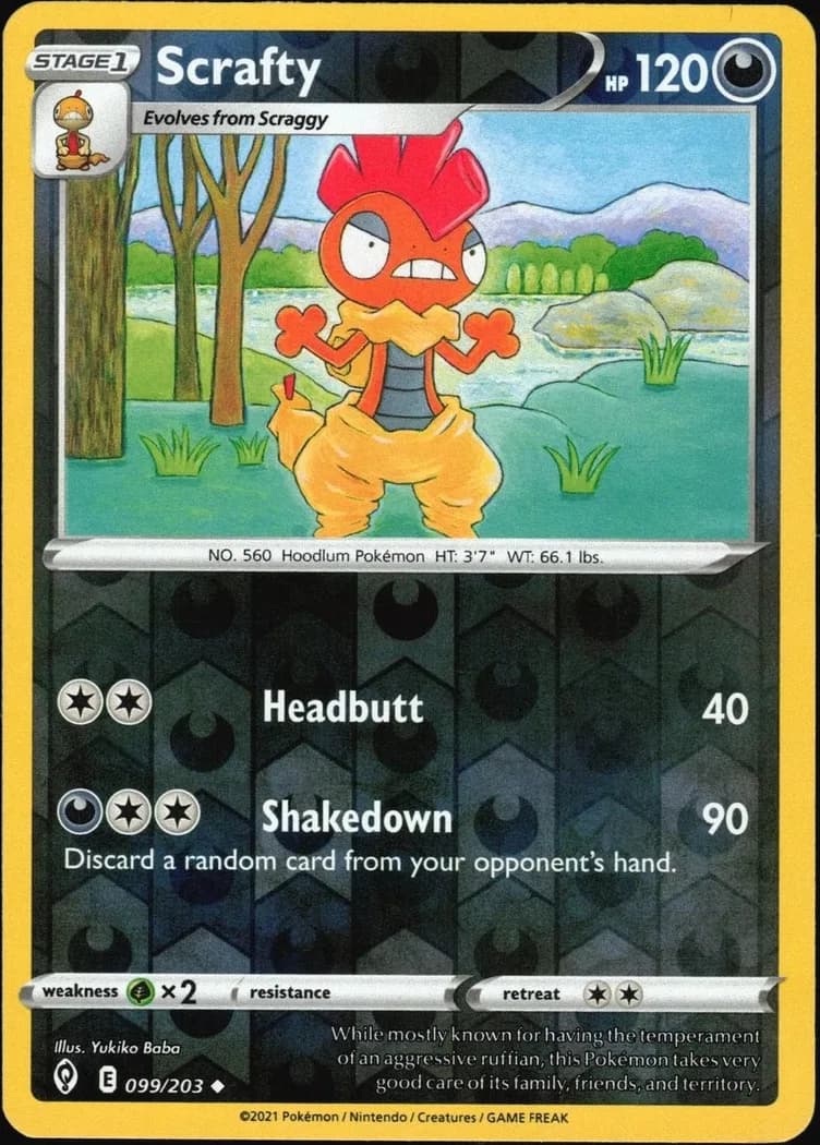 Scrafty reverse holo card front, Evolving Skies 99/203