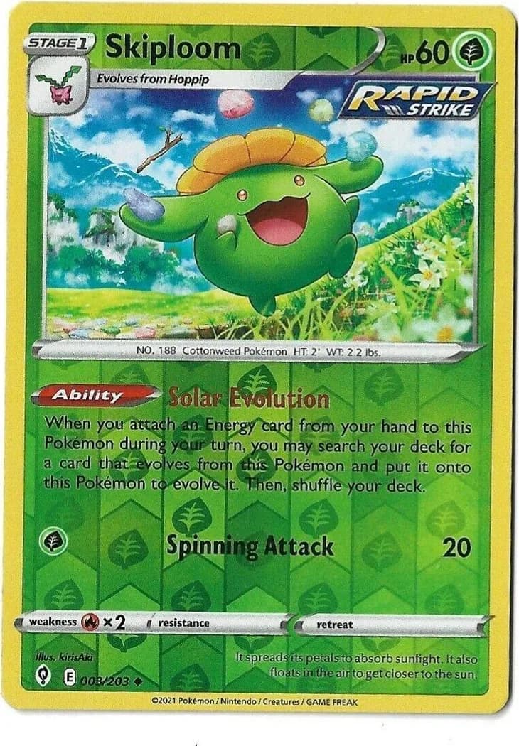 Skiploom reverse holo card front, Evolving Skies 3/203