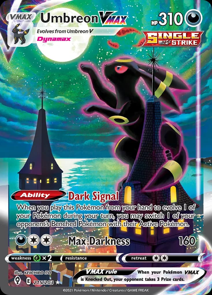 Evolving Skies Umbreon VMAX card front, 215/203