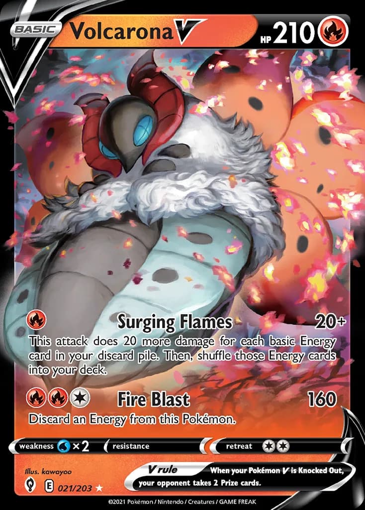 Volcarona V card front, Evolving Skies 21/203