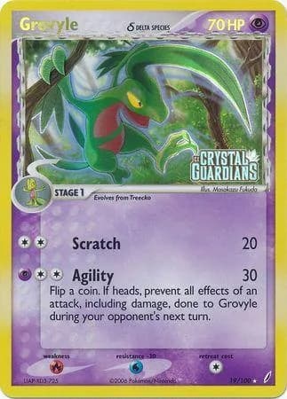 Grovyle δ reverse holo card front, EX Crystal Guardians 19/100
