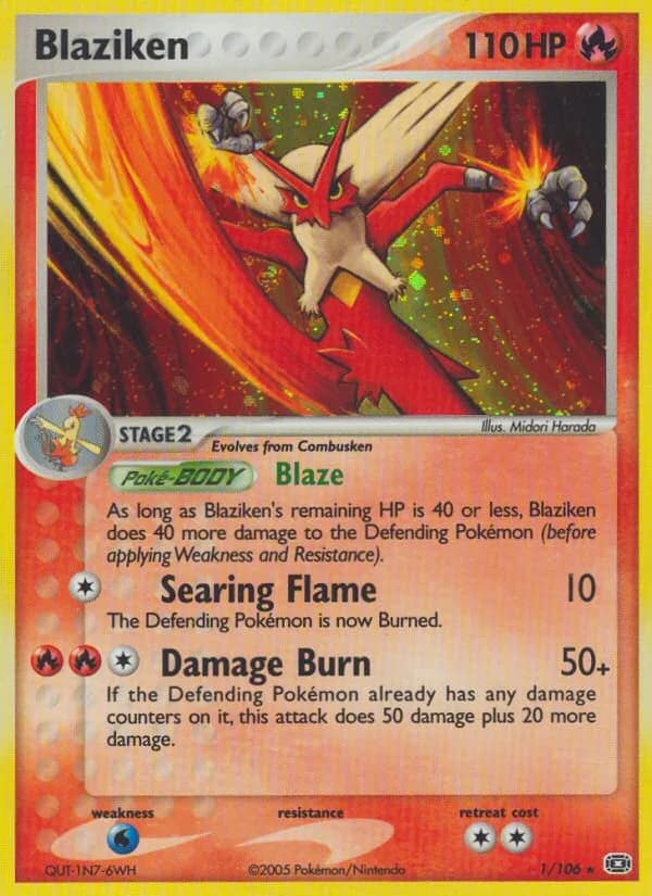 Blaziken card front, EX Emerald 1/106